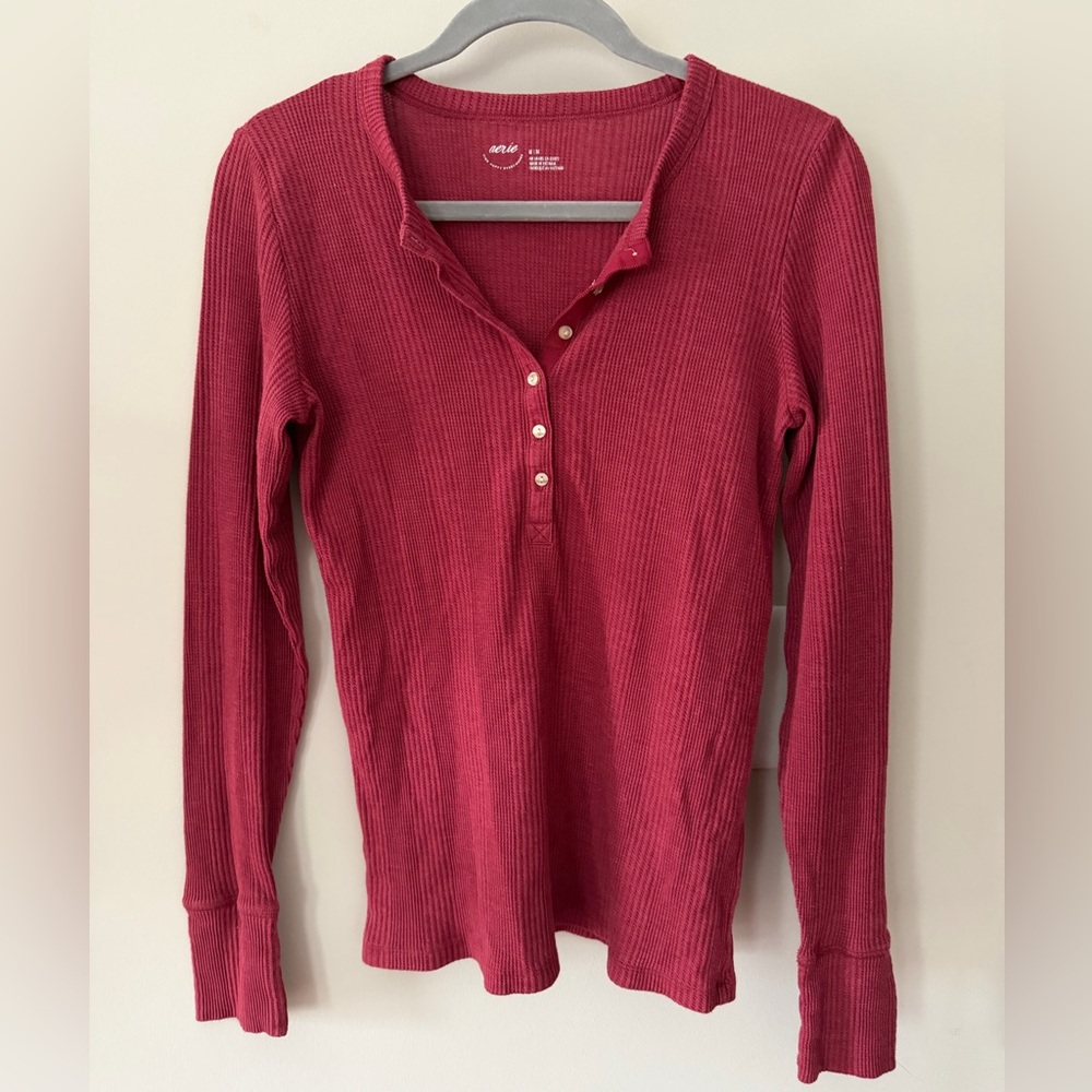 Aerie Long Sleeve Ribbed Henley Top - Red
